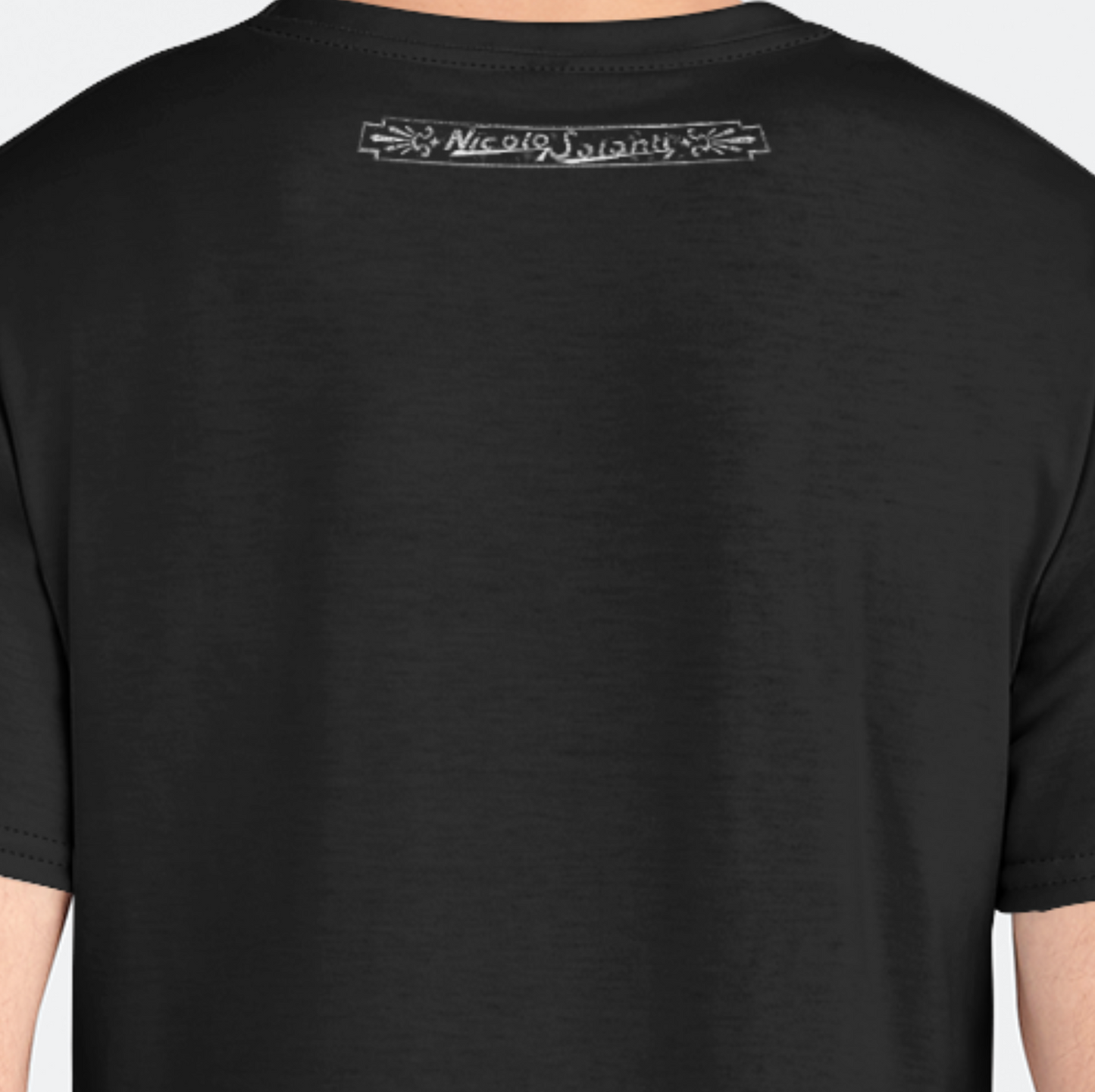 Black t-shirt with a logo on the back against a white background