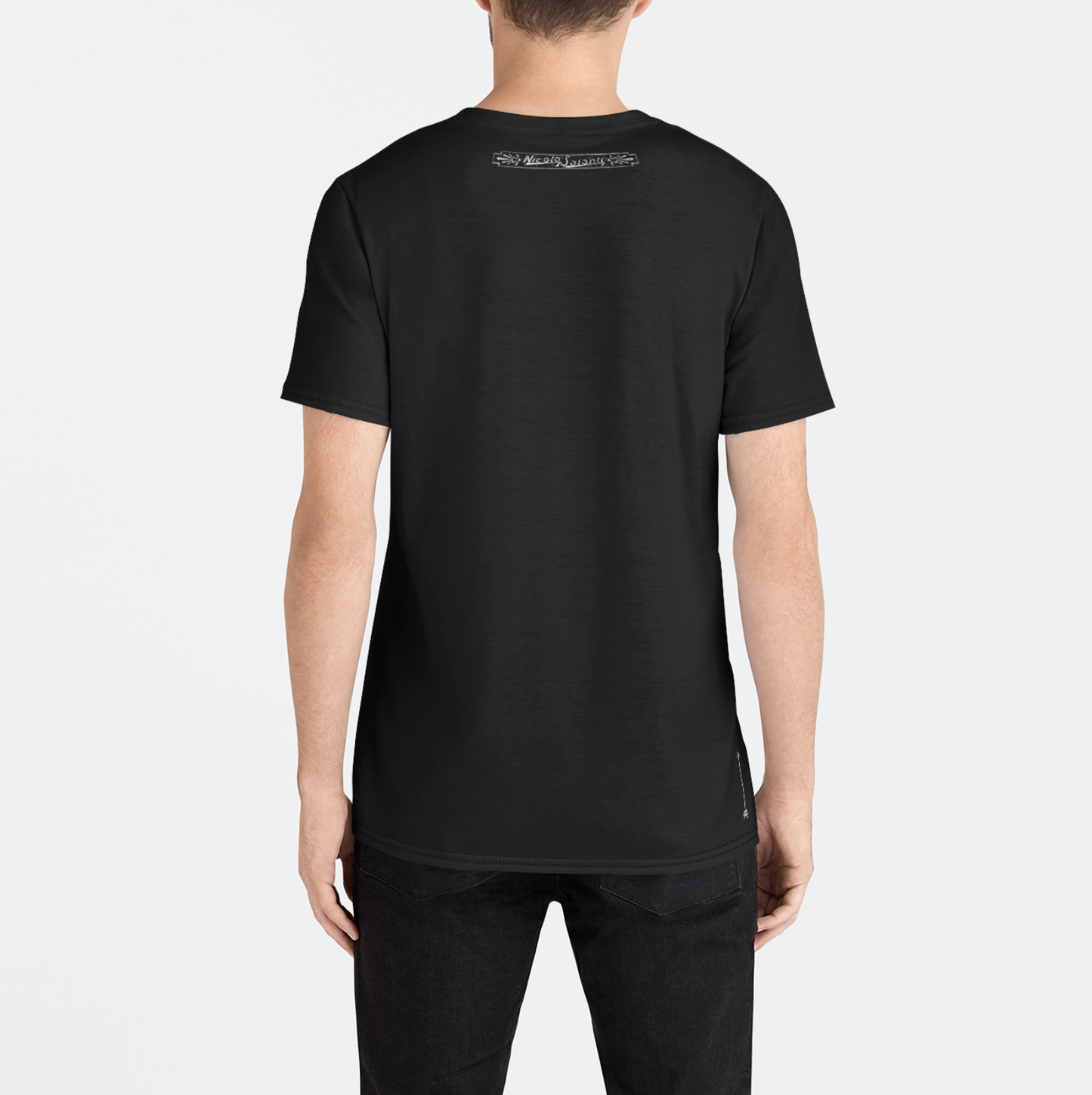 Person wearing a black t-shirt on a white background