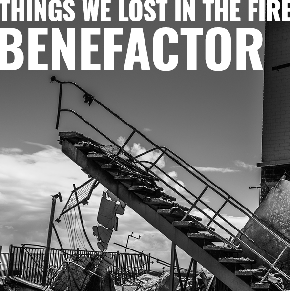 Black and white fine art photograph burnt staircase with words benefactor and things we lost in the fire written across image