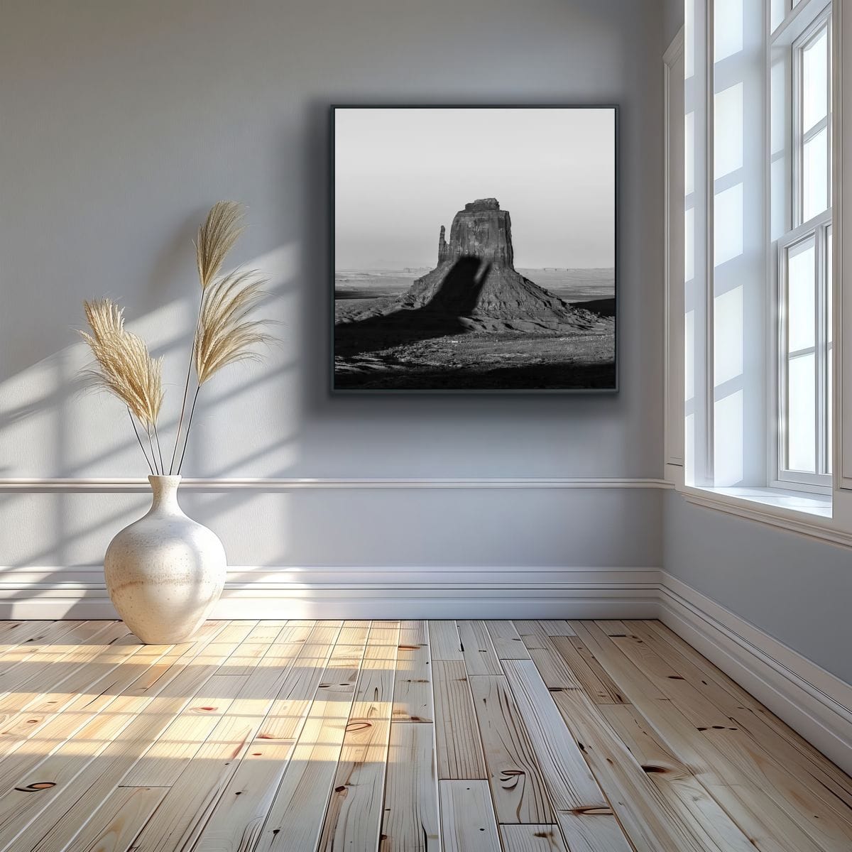 Room interior with a framed black and white 48x48 print of an iconic Monument Valley butte being shadowed by another iconic butte on the wall, a vase with dried plants next to it, and a window allowing natural light.