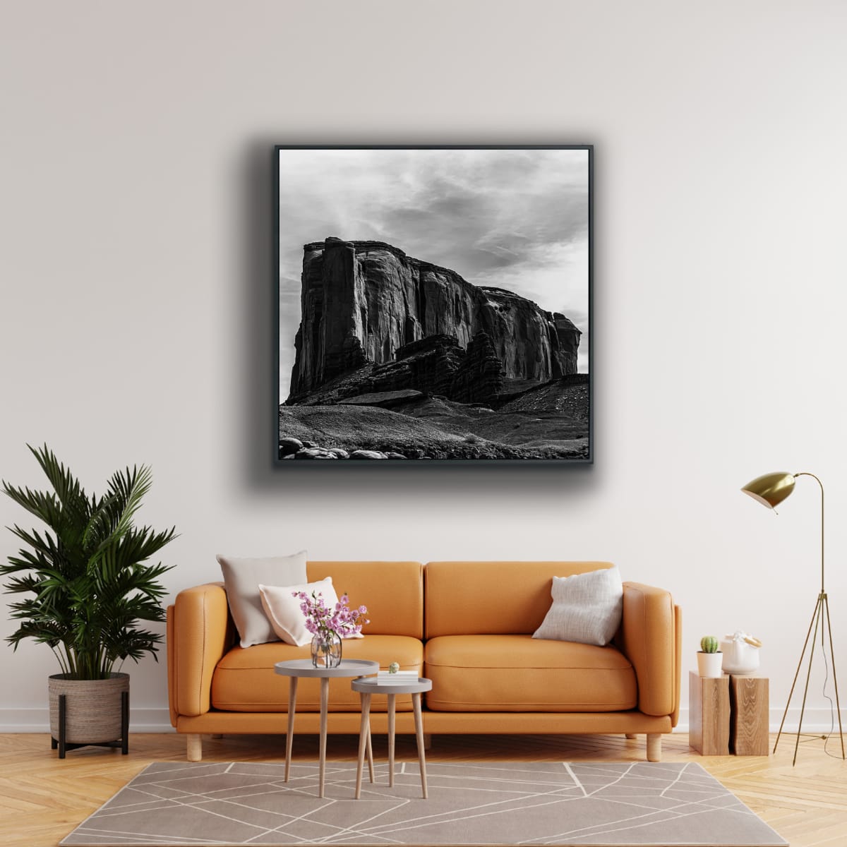 Living room with orange sofa, throw pillows, next to a green house plant, with large framed black and white photograph of a Monument Valley rock ridge.