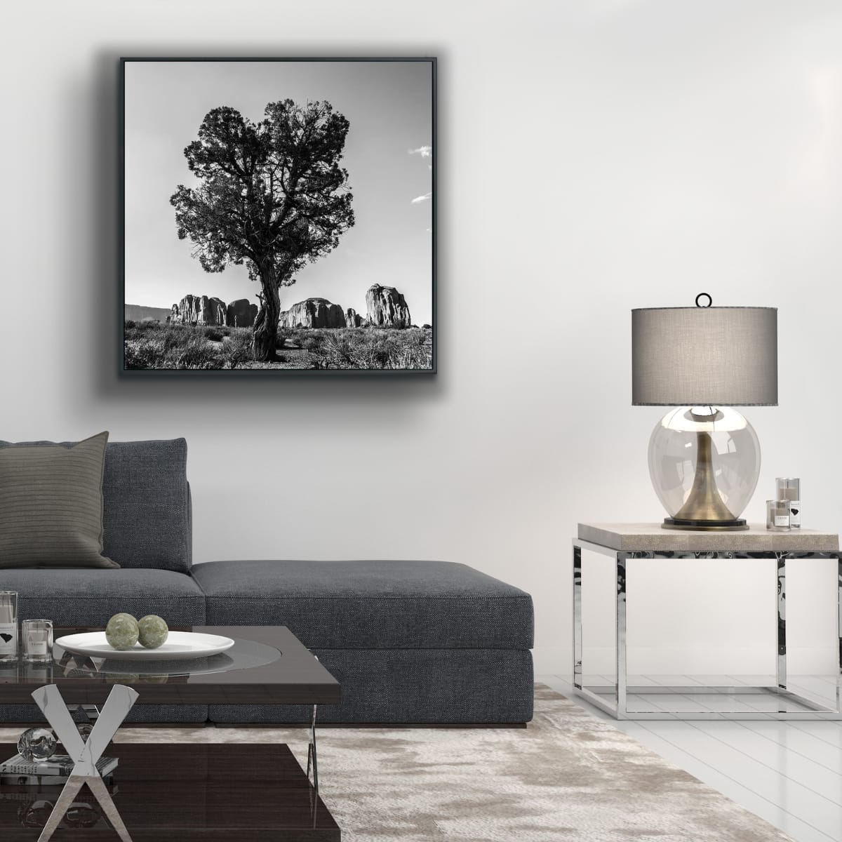 Modern living room with a gray sofa, coffee table, and wall art of a framed black and white square photograph desert tree with Monument Valley rock ridges in distance.