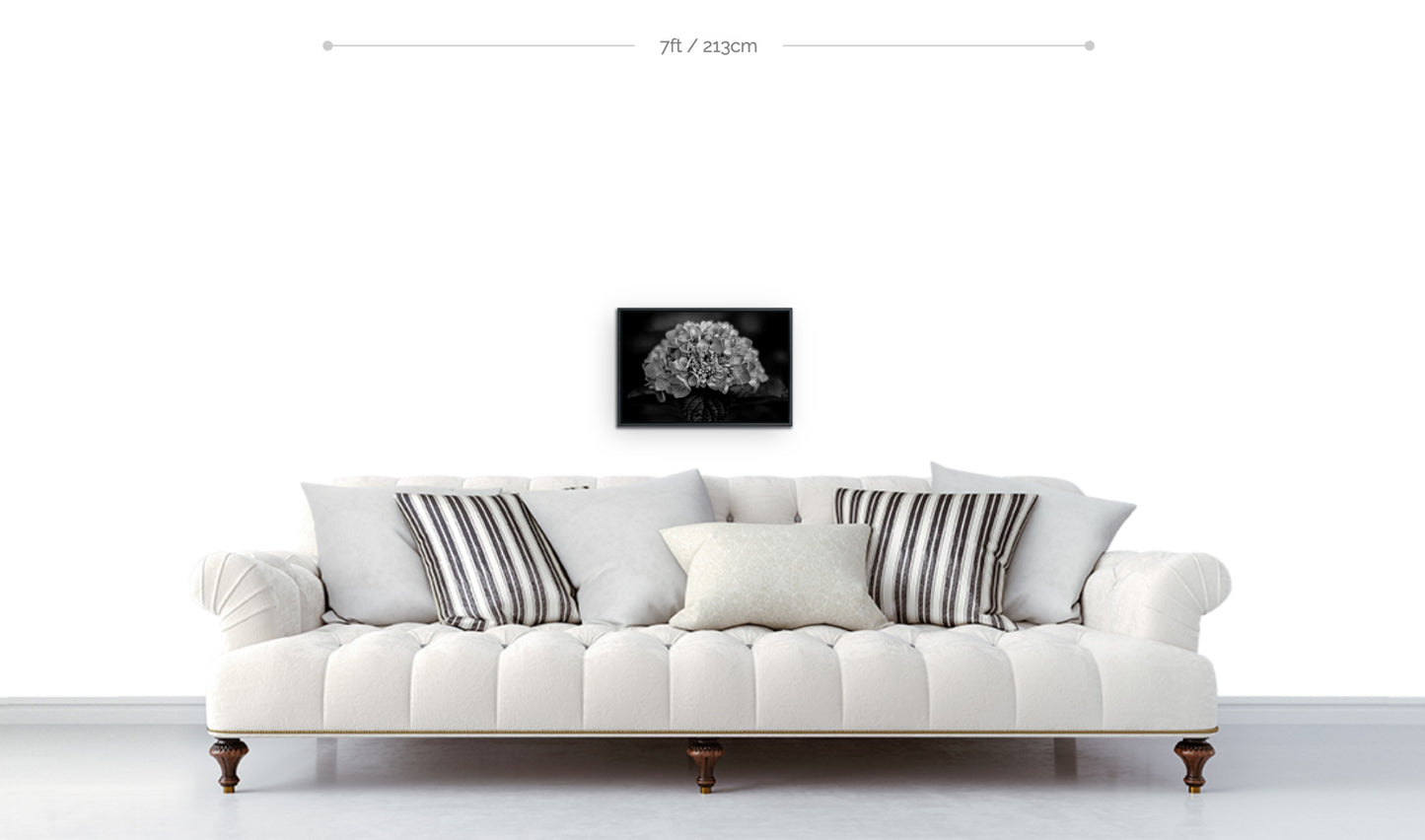 Metal print black and white framed photograph closeup hydrangeas hanging above sofa