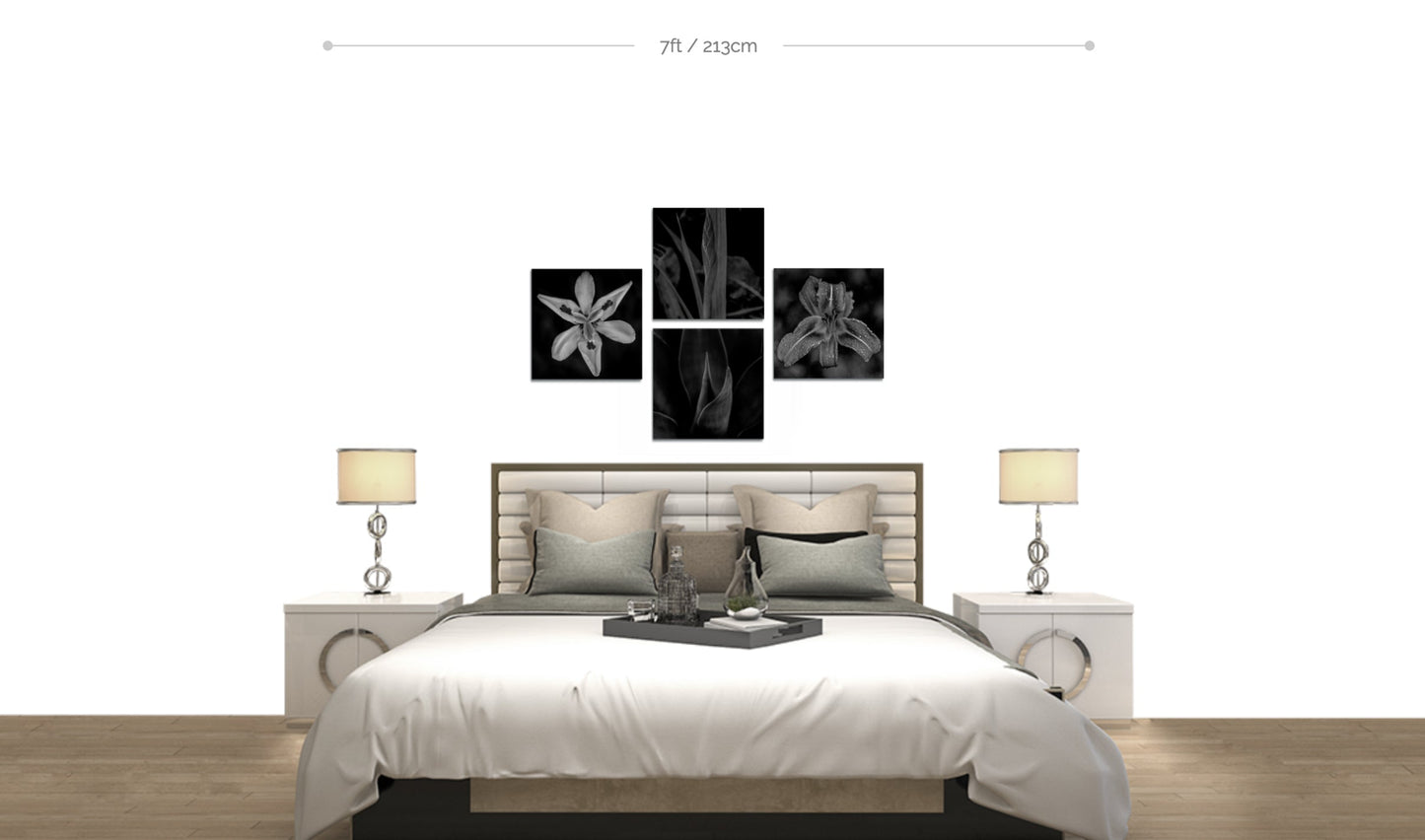 4 piece metal flower wall decor set arranged in cross pattern hanging above bed