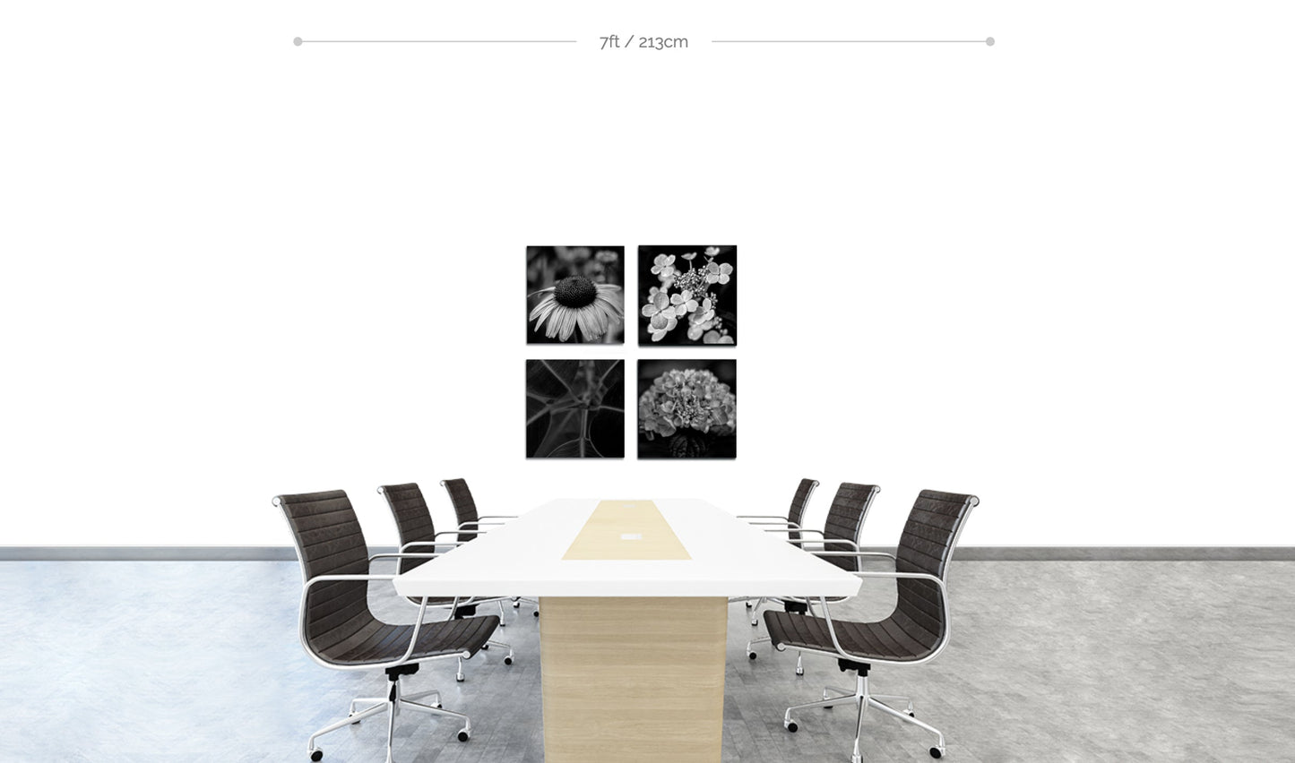 Metal flower wall art set example arranged in square hanging in boardroom