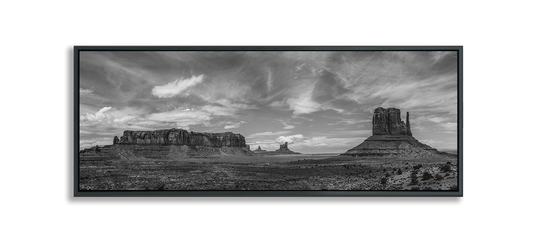 Monument Valley Panoramic Black and White Framed Fine Art Print dramatic cloud patterns above desert buttes