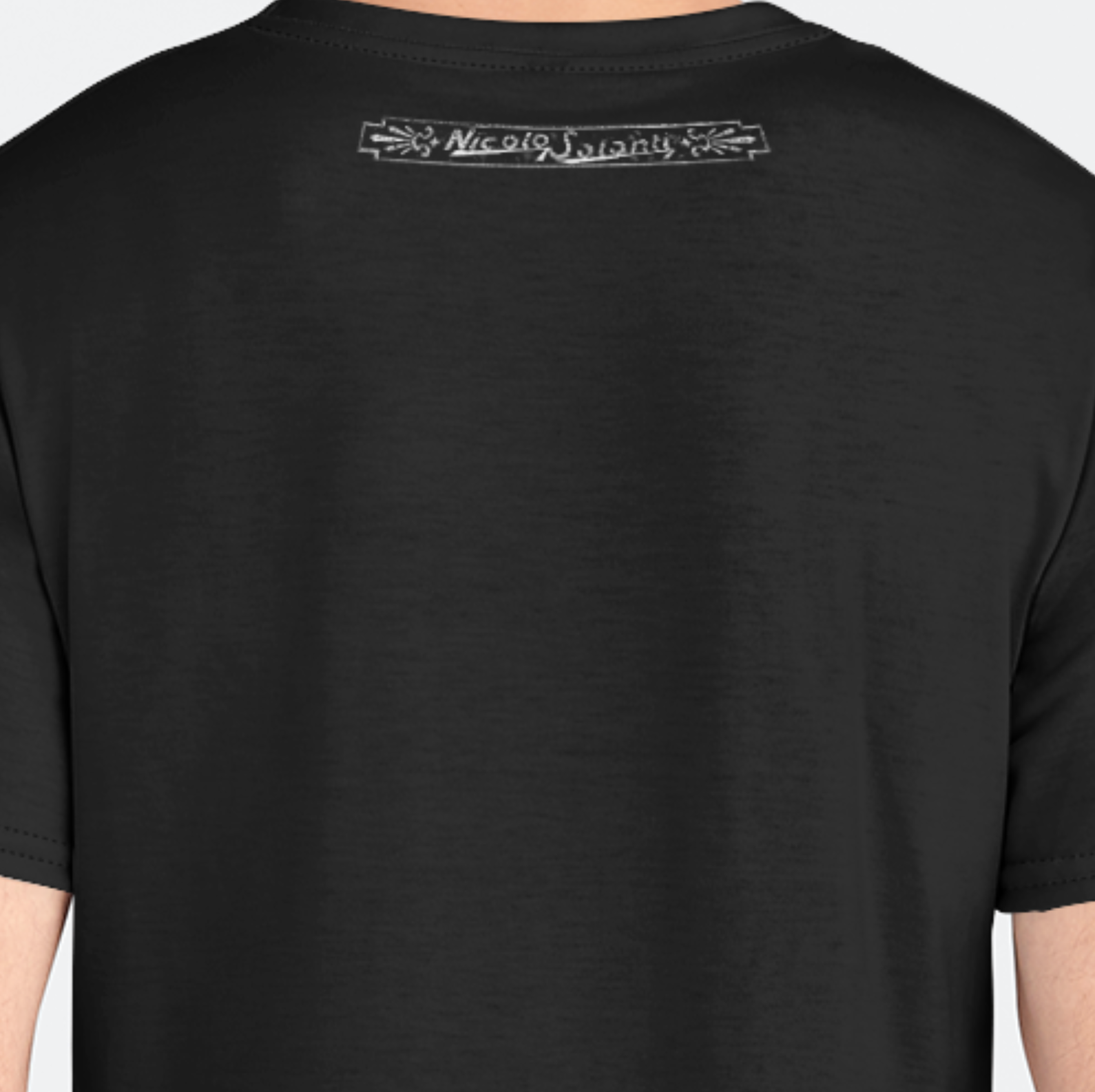 Black t-shirt with a logo on the back against a white background