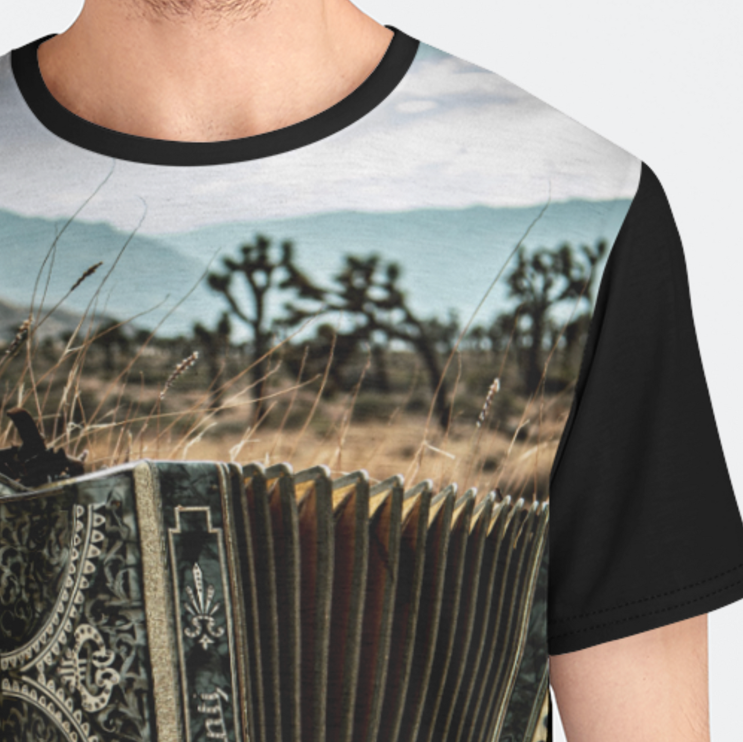 T-shirt with a desert landscape and accordion design on a plain background