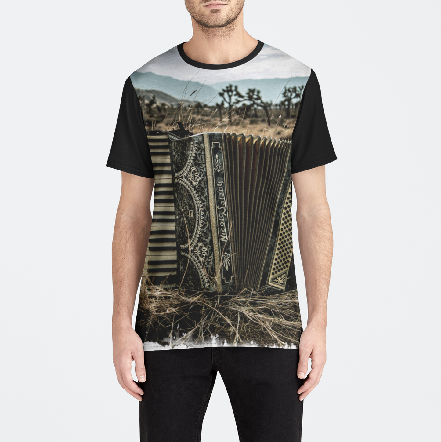 T-shirt with a unique design featuring an accordion and keyboard on a white background