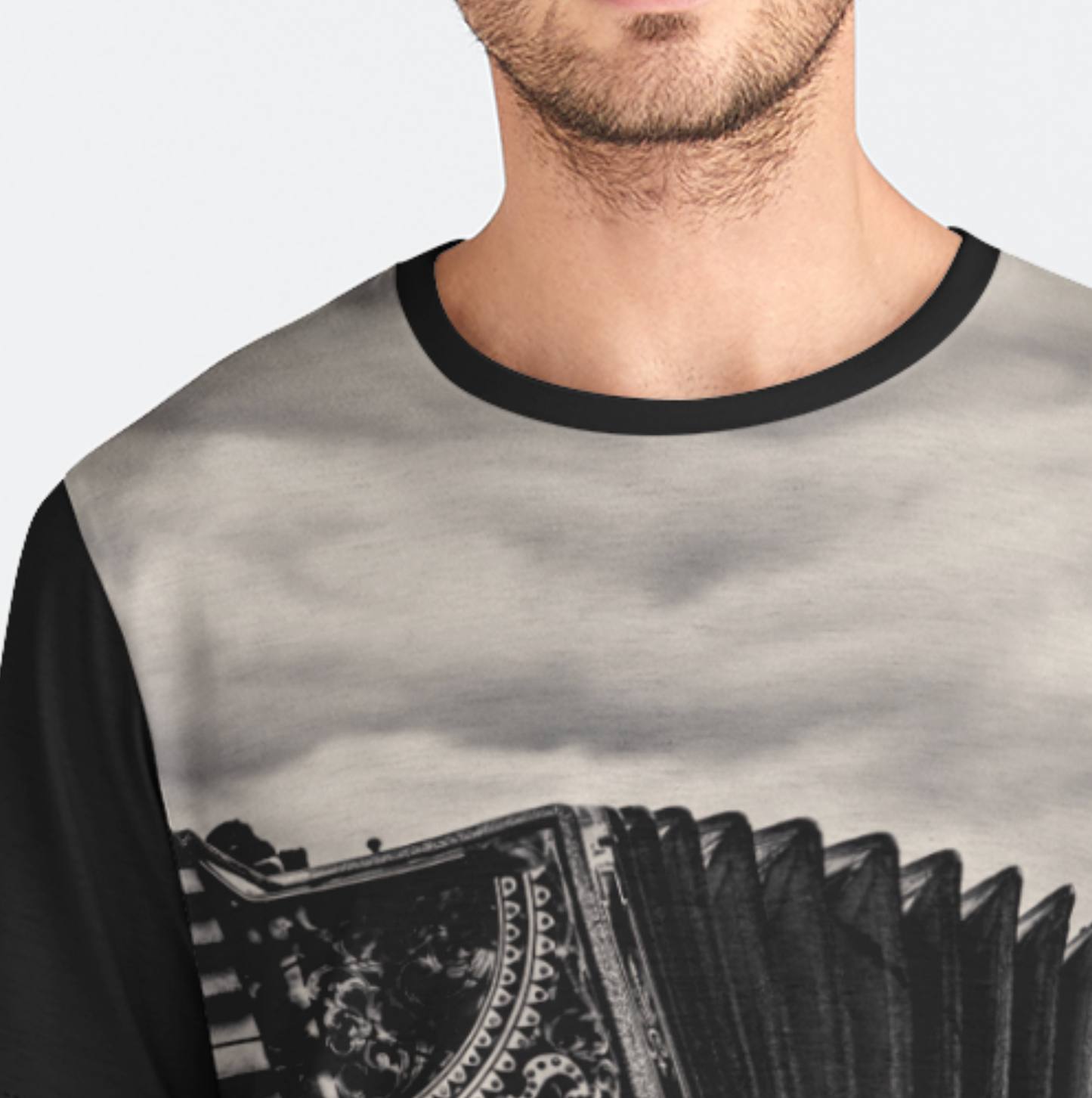 Person wearing a shirt with an accordion graphic on a cloudy sky background