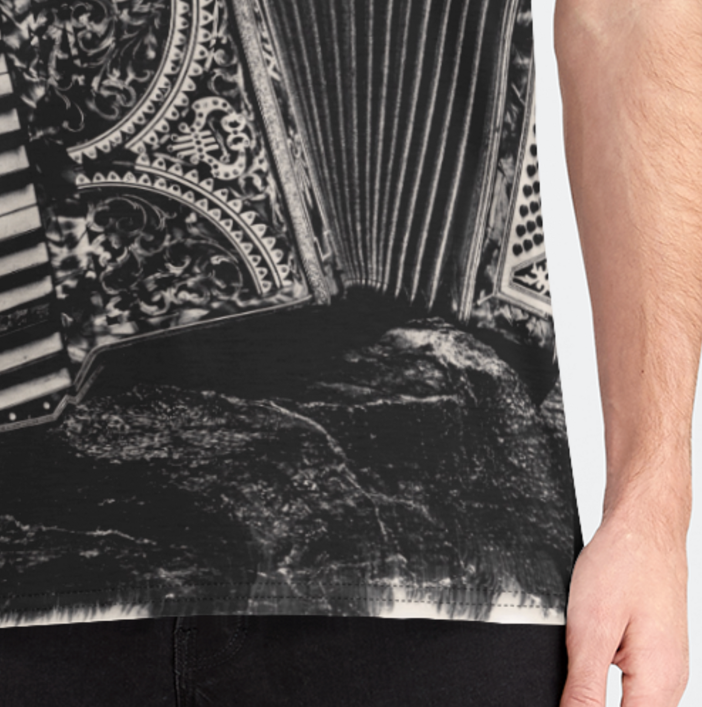 Black and white patterned sleeveless top with abstract design