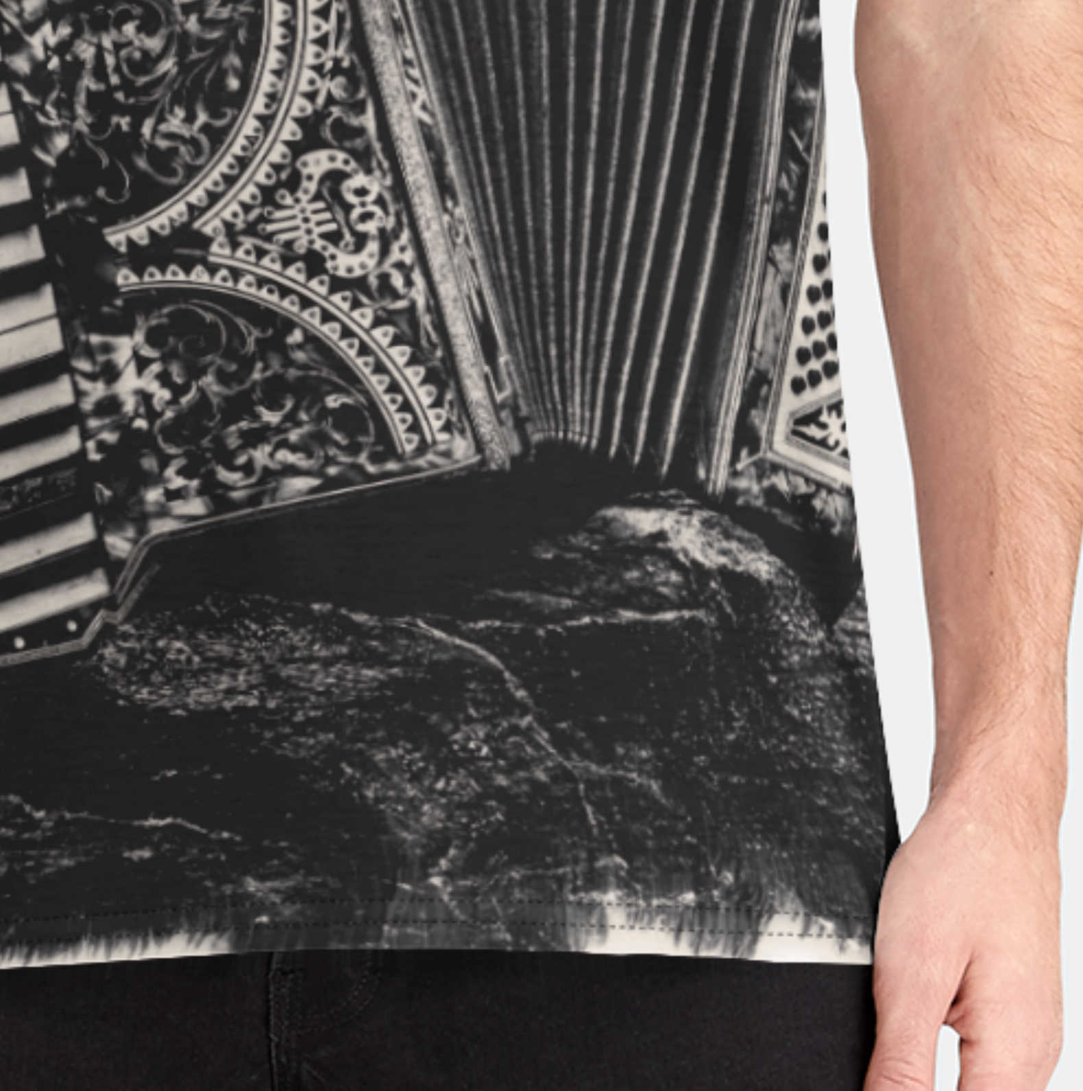 Black and white patterned sleeveless top with abstract design