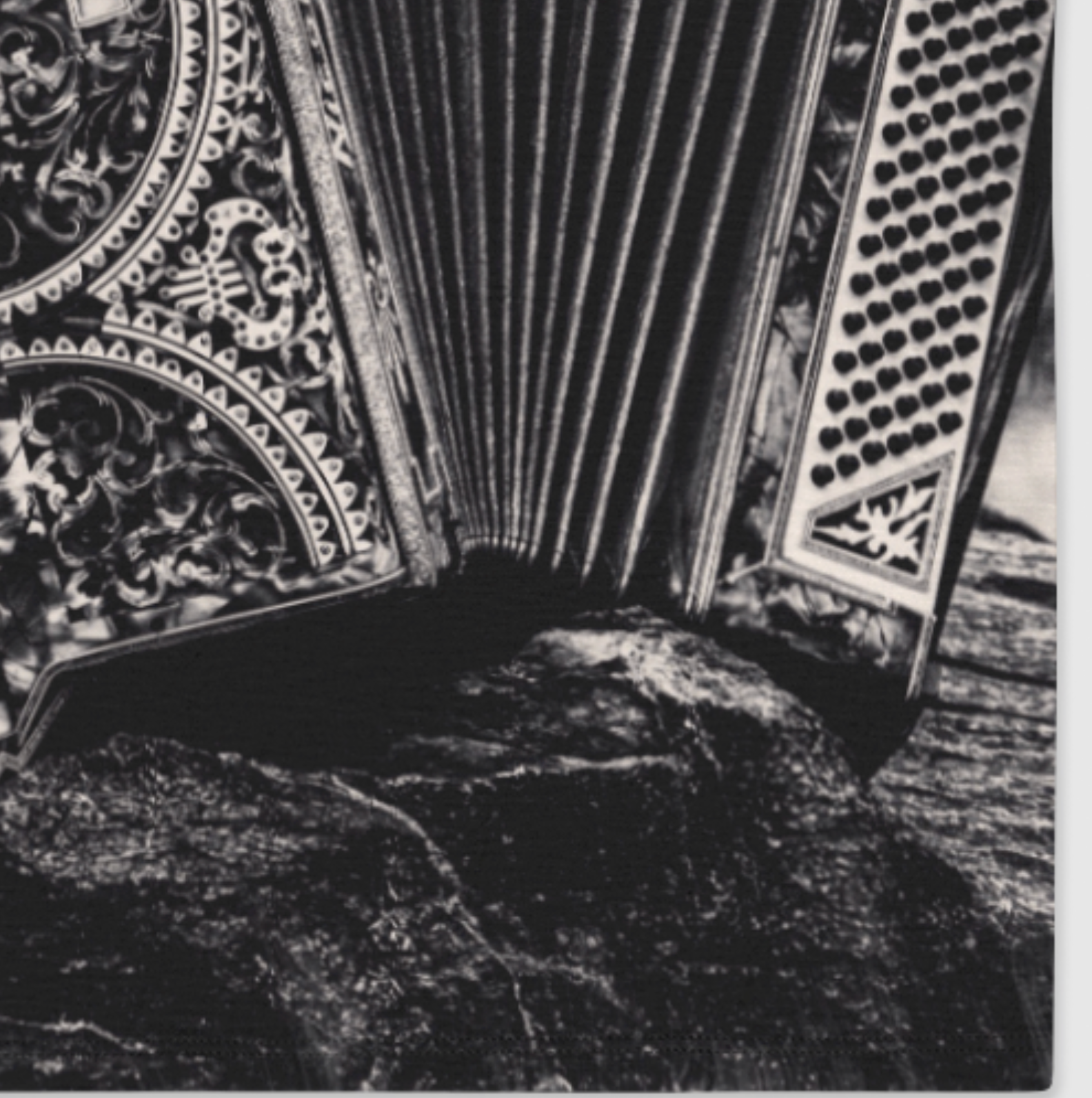 Close-up of an ornate accordion on a textured surface