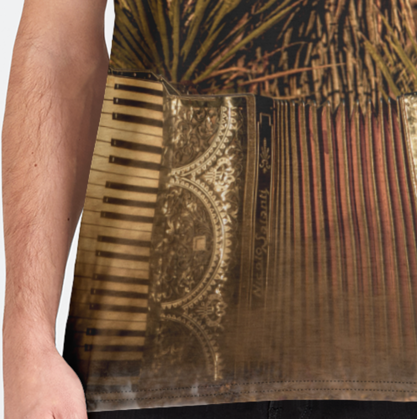 Close-up of a decorative piano key cover with intricate designs and text.