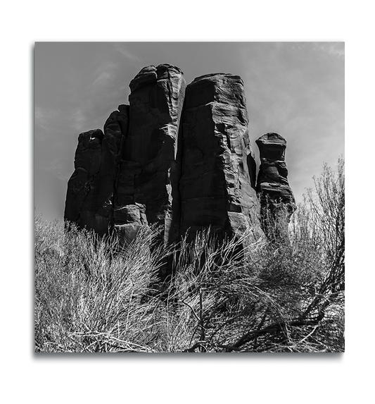 Monument Valley Square Photographic Metal Print rock formation dried brush in foreground