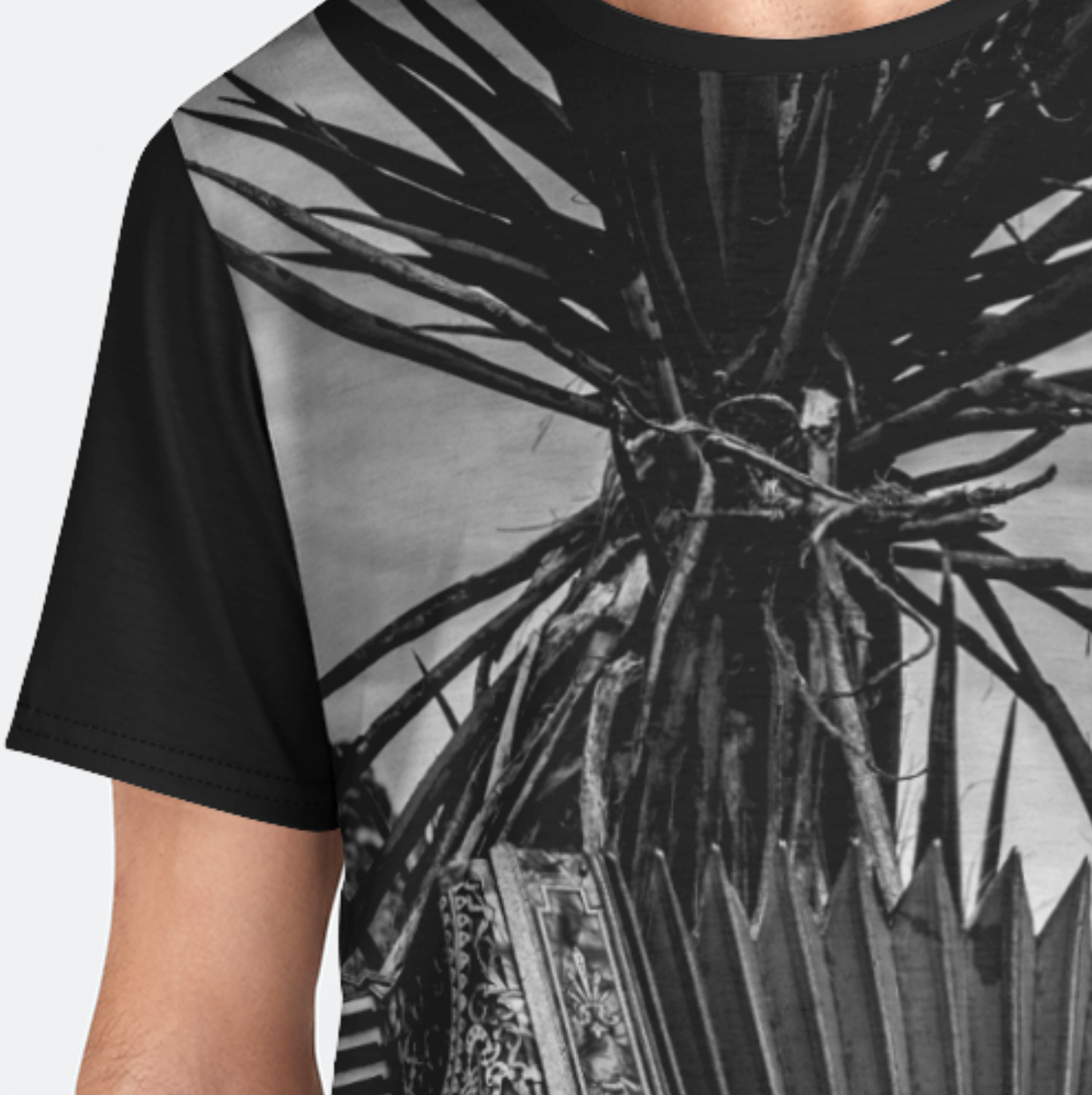 Black t-shirt with a graphic design of a plant and architectural elements on a white background