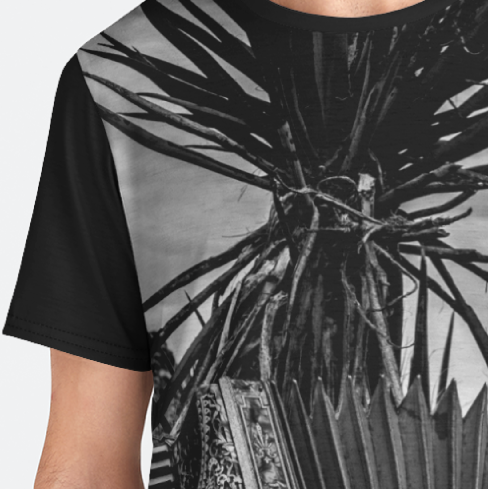 Black t-shirt with a graphic design of a plant and architectural elements on a white background
