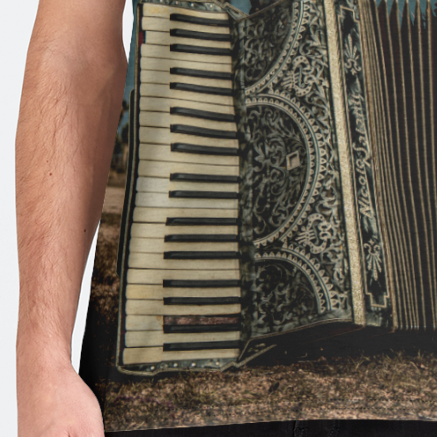Accordian with decorative cover held by a person