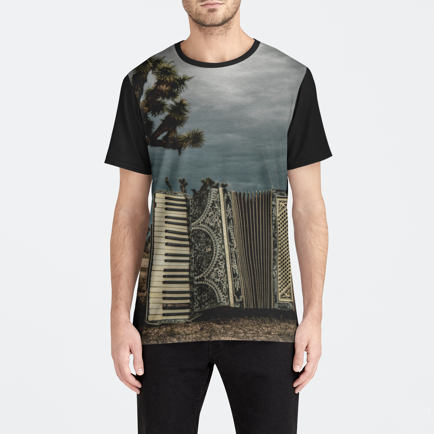 Person wearing a t-shirt with a unique design on a plain background