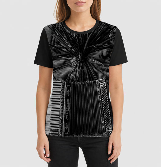Person wearing a black t-shirt with a unique design on a plain background