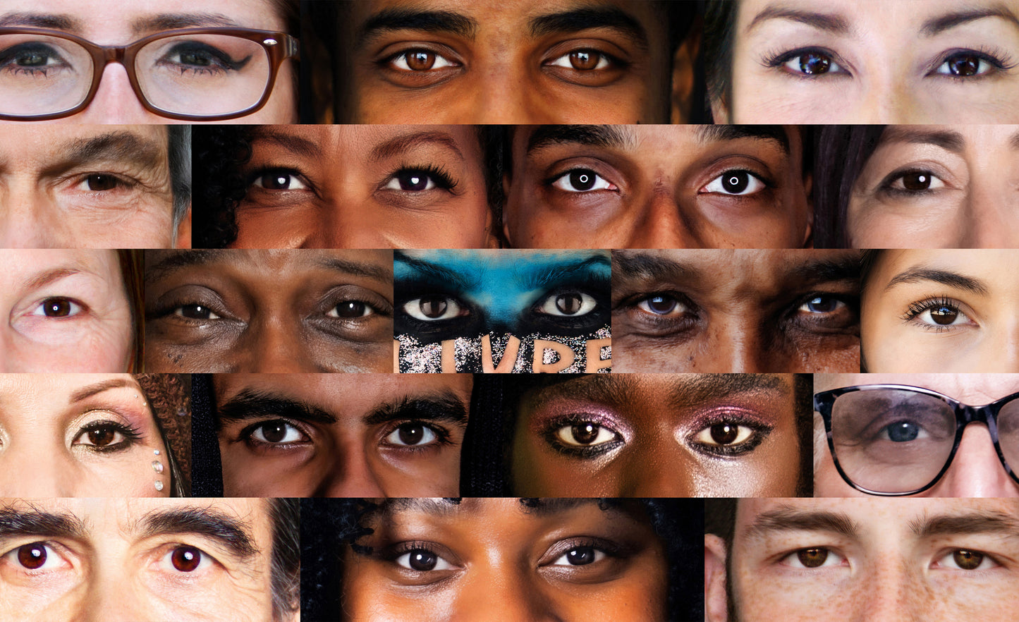 Collage of various eyes with a 'Mute' button overlay.