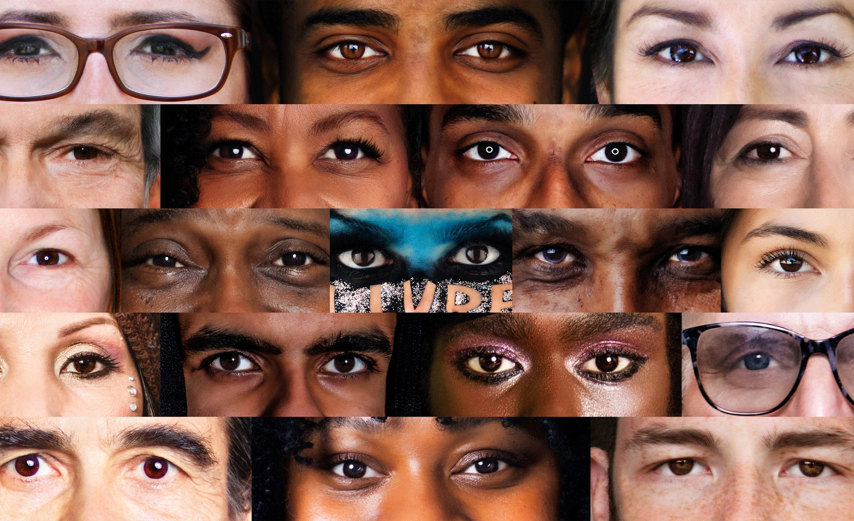 Collage of various eyes with a 'Mute' button overlay.