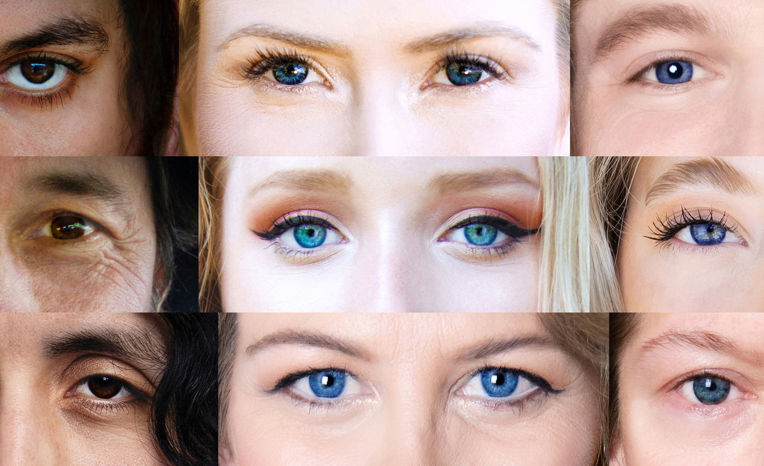 Collage of close-up images of people's eyes with a focus on blue eyes.