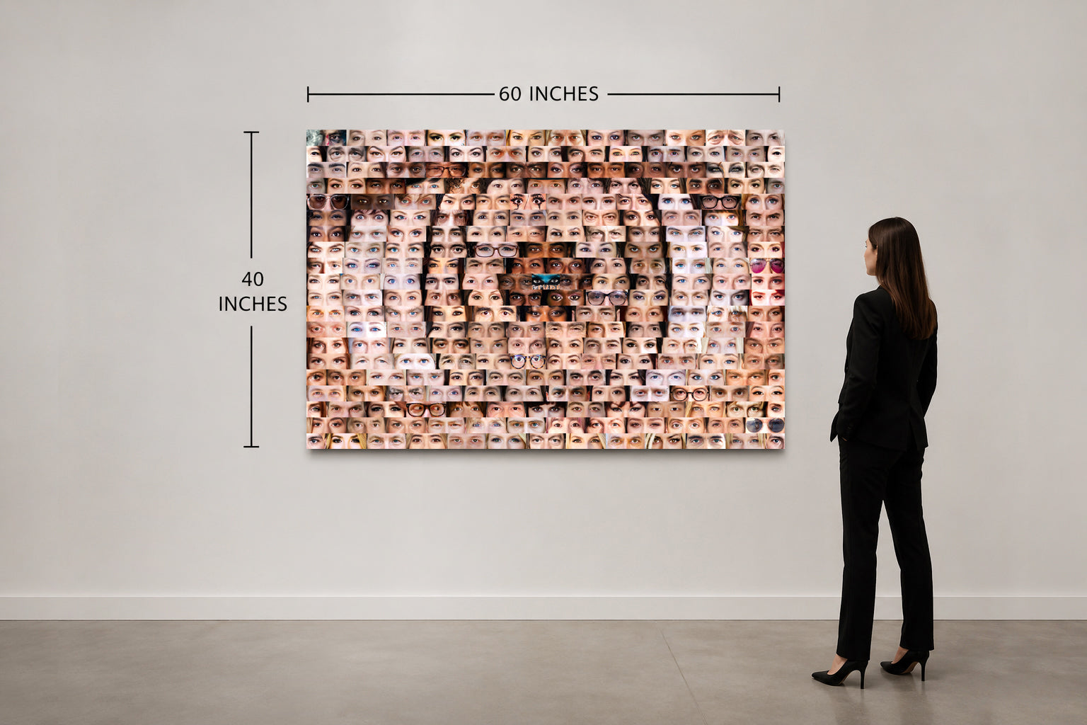 Woman observing a large abstract artwork on a wall with dimensions indicated