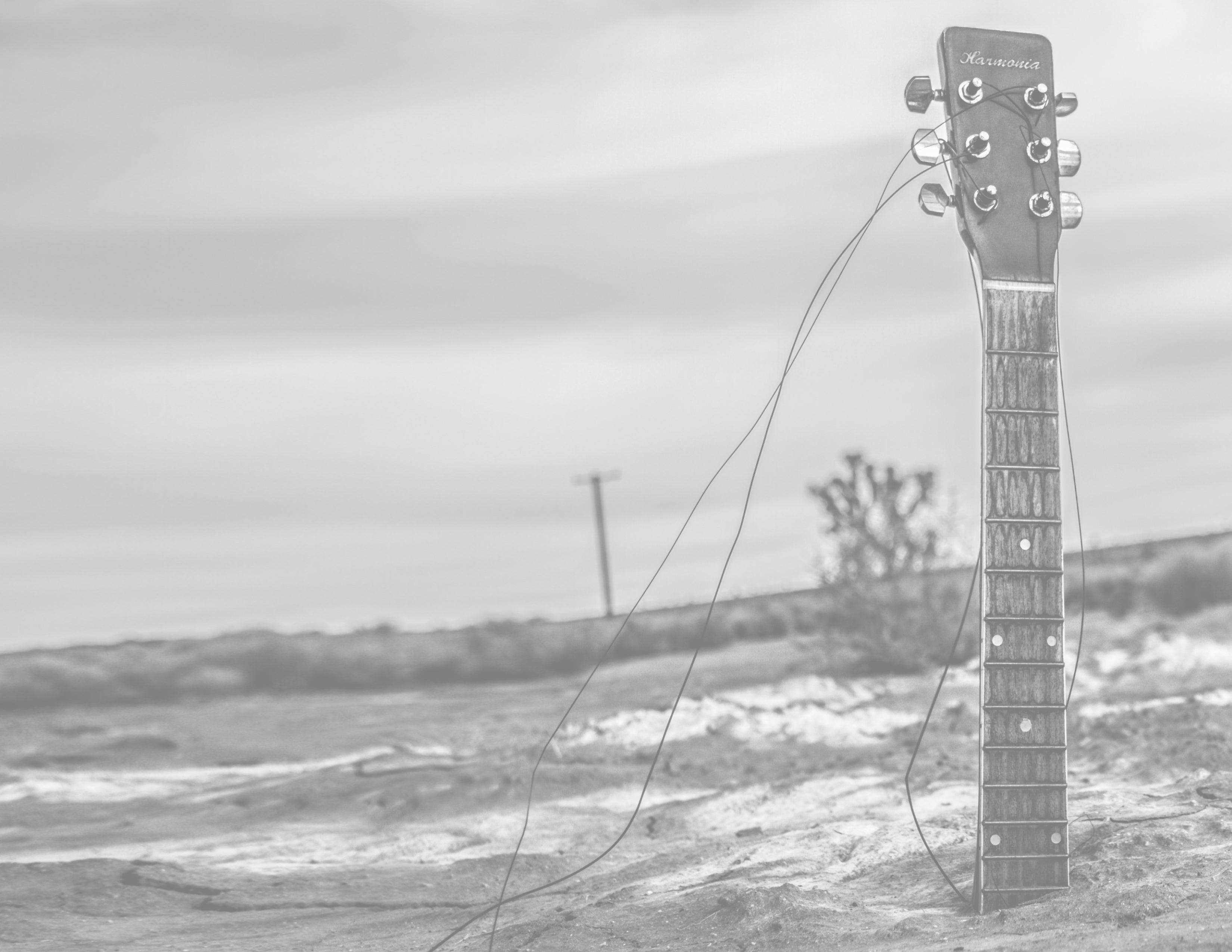 Fine art black and white Image guitar neck protruding upright from desert sand