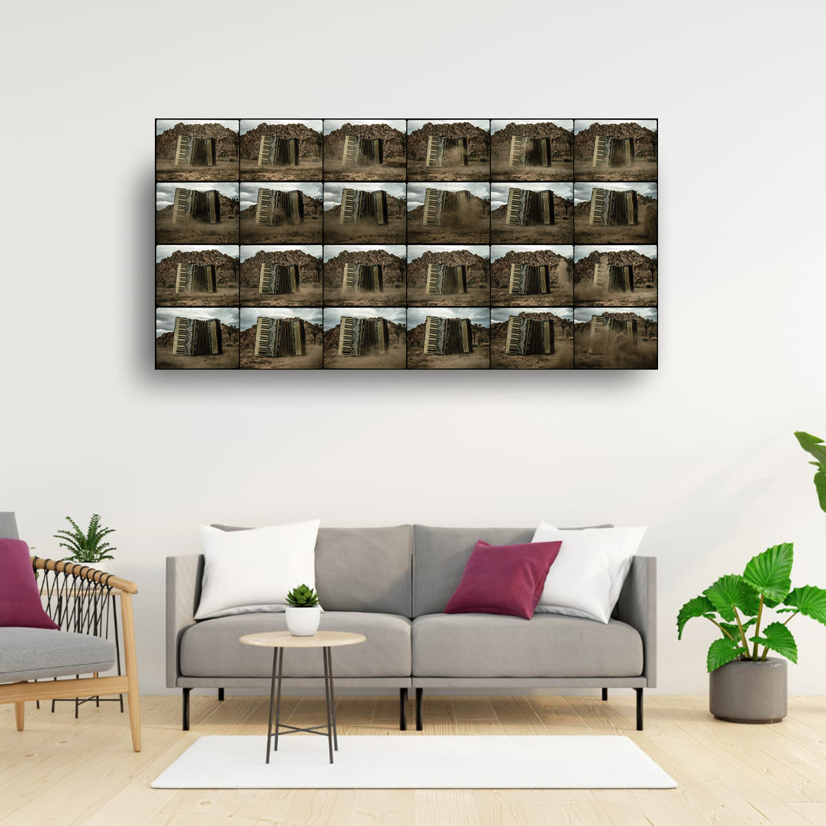 Living room with a large wall art piece displaying multiple images of a building.