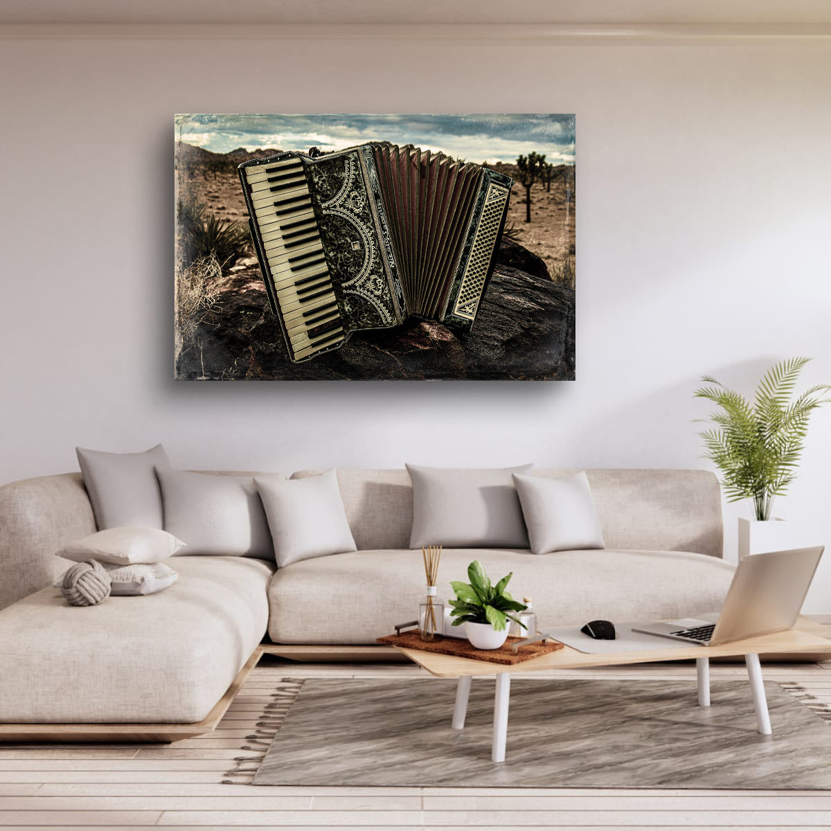 Accordian art print on a wall above a sofa in a living room