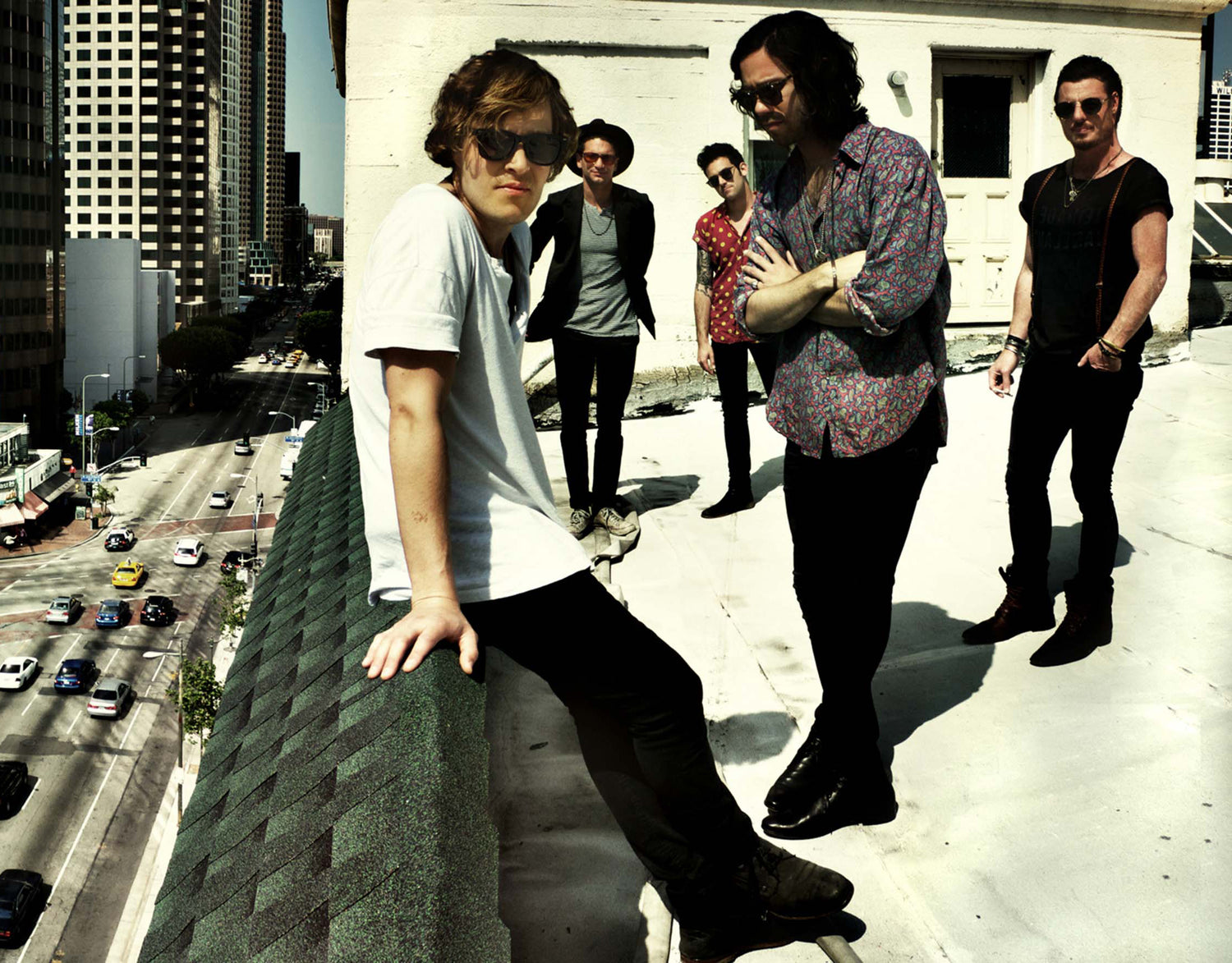 Band photo Terraplane Sun Los Angeles members on roof top looking over street