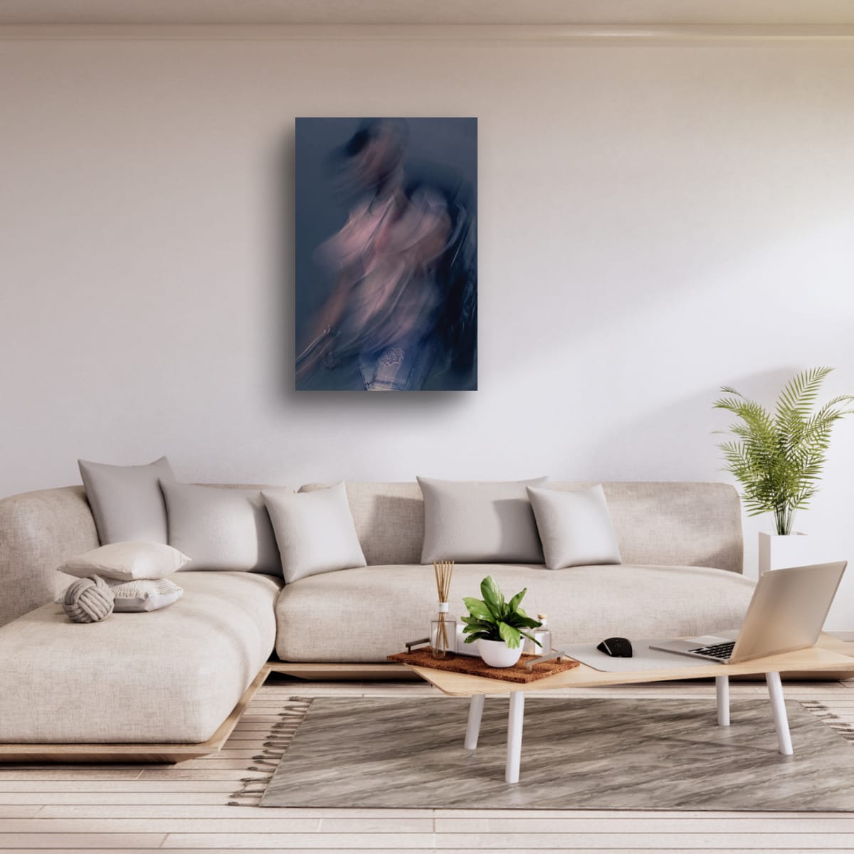 Modern living room with a beige sectional sofa, abstract painting, and decorative items.