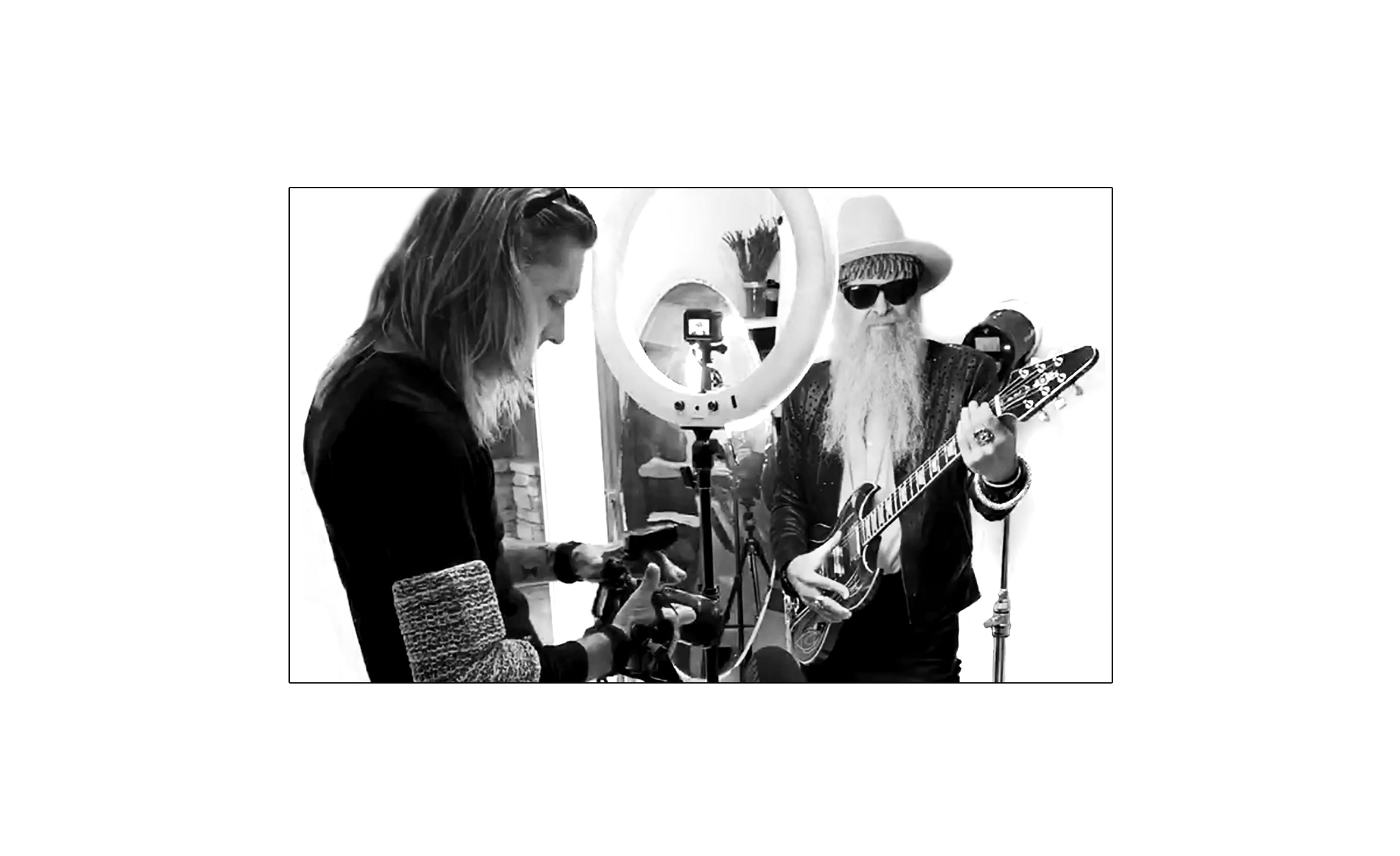 Billy F Gibbons with Mark Maryanovich black and white behind the scenes photo The Art of Giving photoshoot