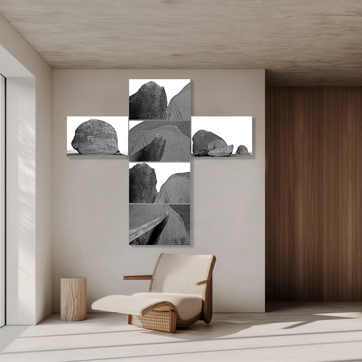 Modern interior with a chair and abstract rock wall art