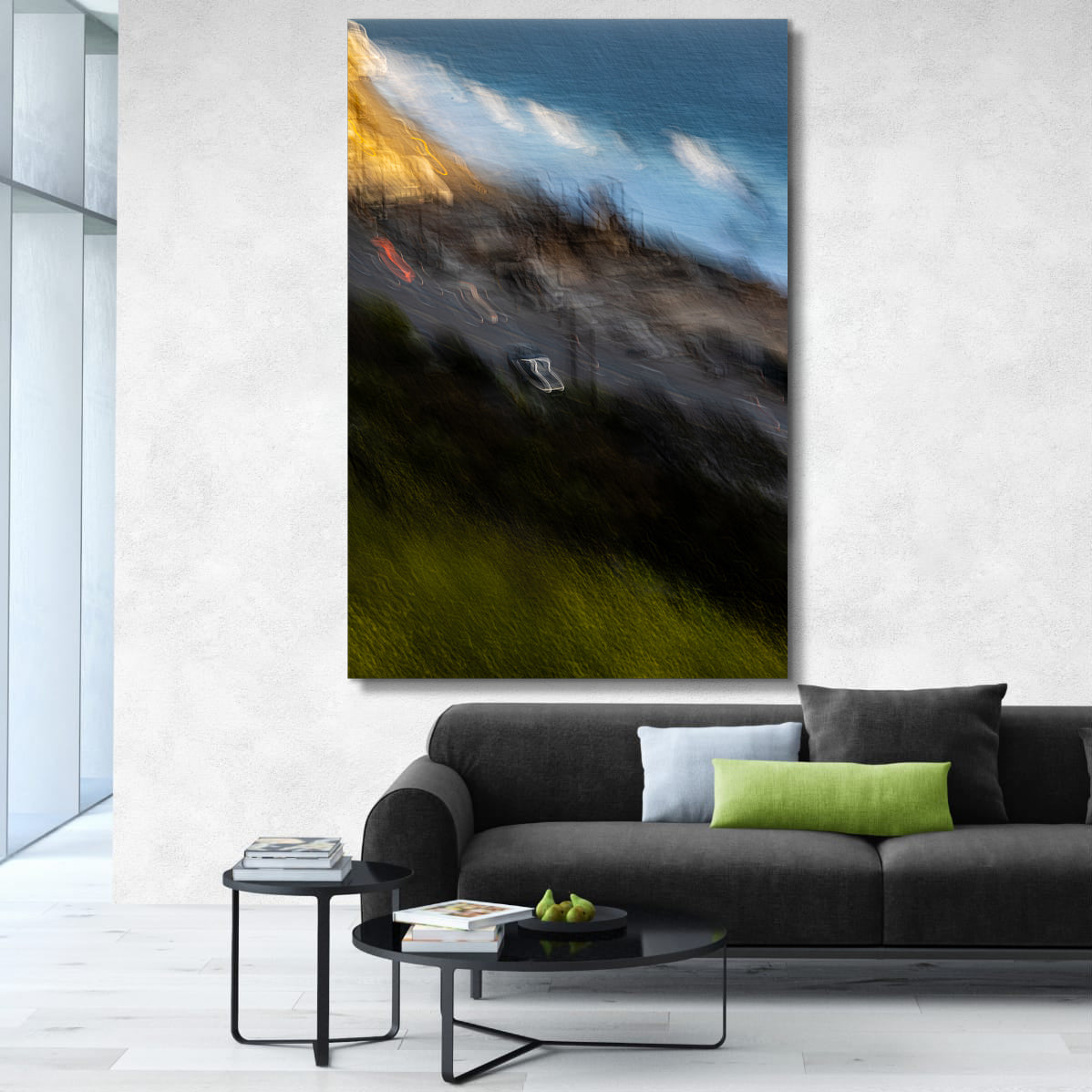 Modern living room with a large abstract painting above a gray sofa.