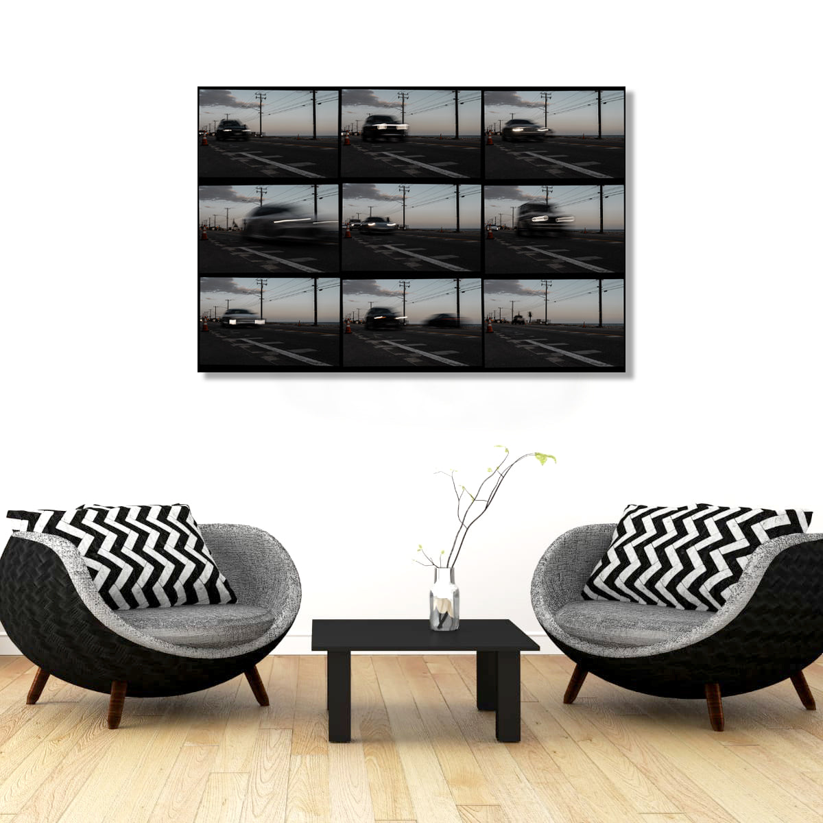 Two modern chairs with black and white striped cushions in a room with a wall-mounted split-screen display.