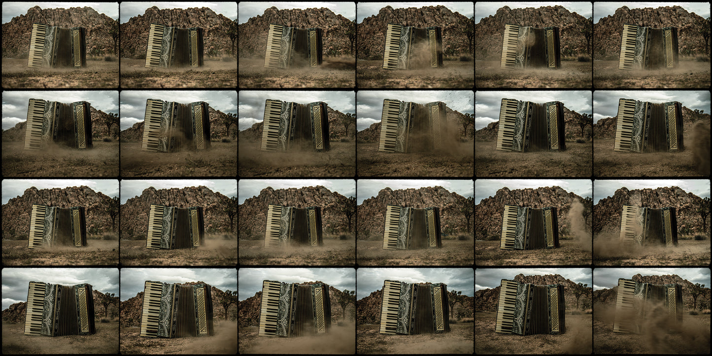 Collage of a dilapidated building with a ladder against a rocky background