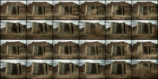 Collage of a dilapidated building with a ladder against a rocky background