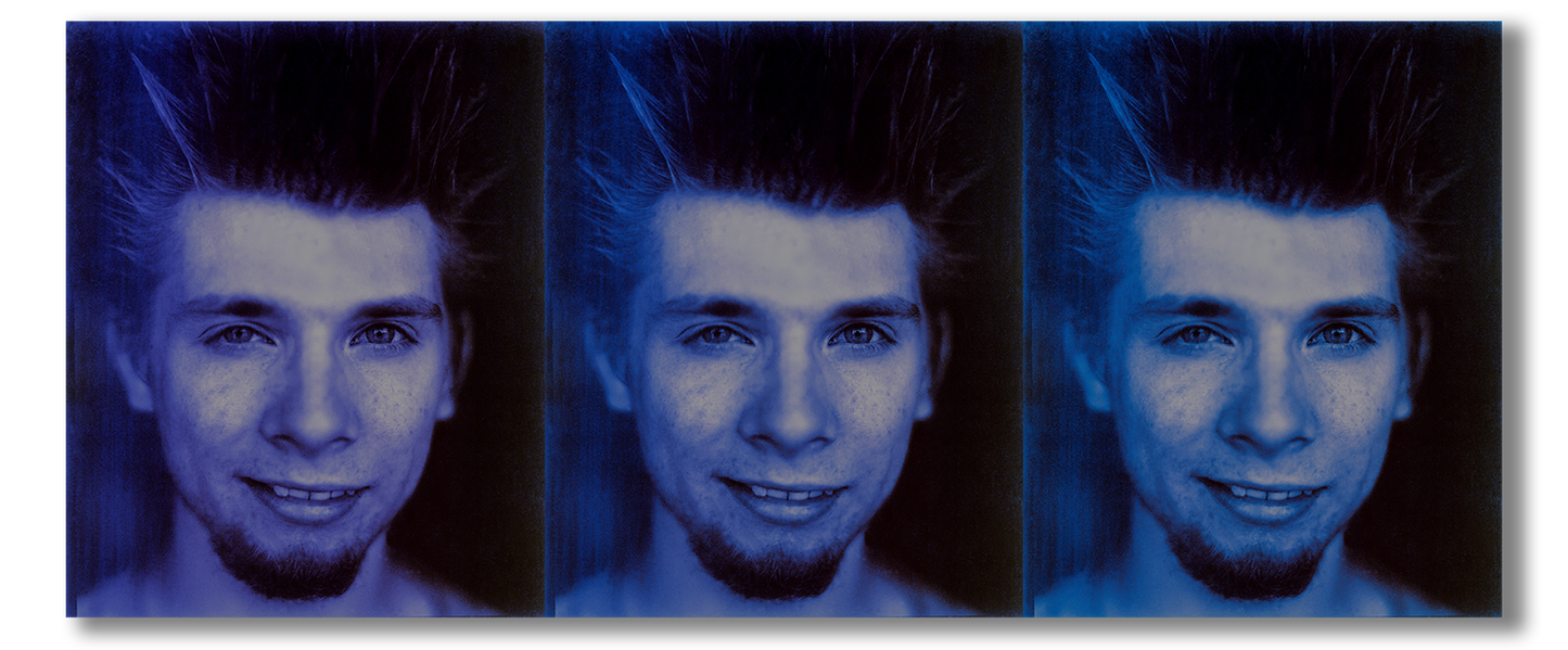 Three identical portraits of a person with blue hair on a black background