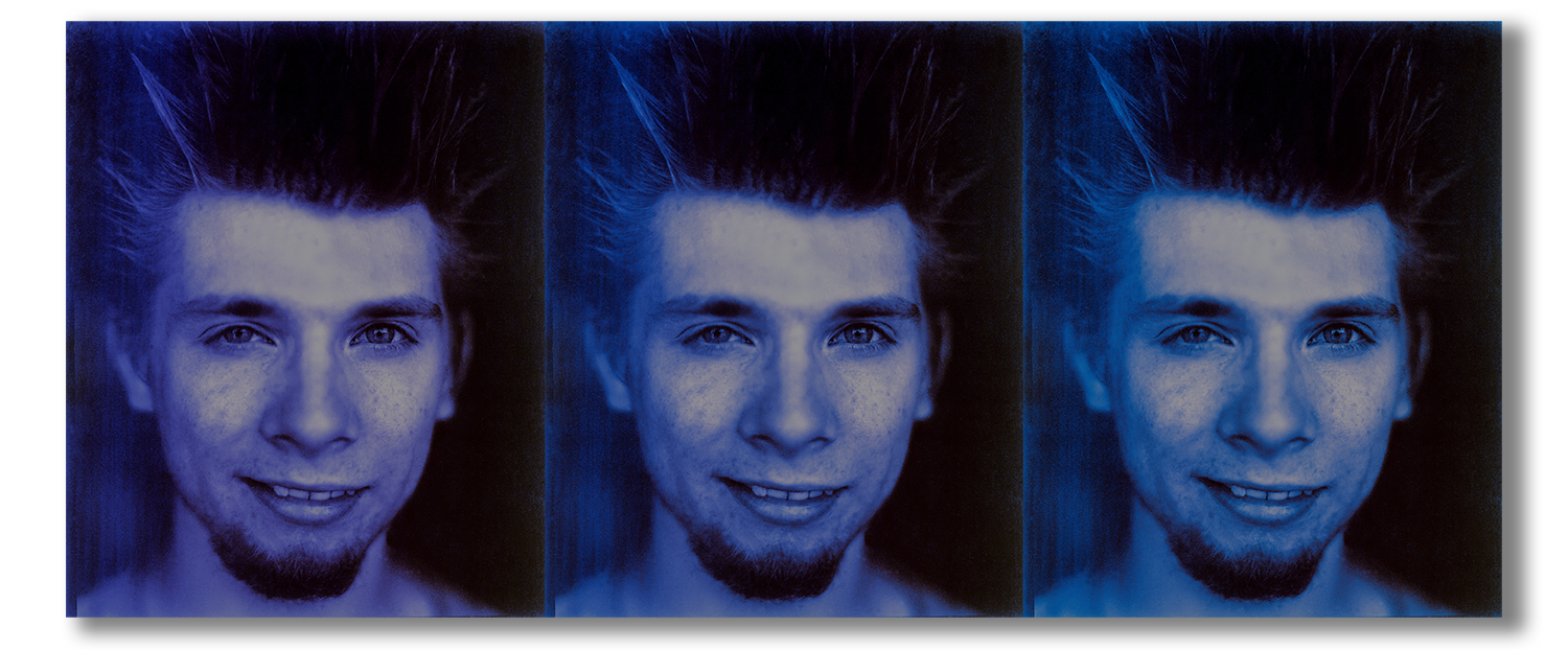 Three identical portraits of a person with blue hair on a black background