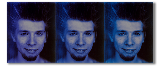 Three identical portraits of a person with blue hair on a black background