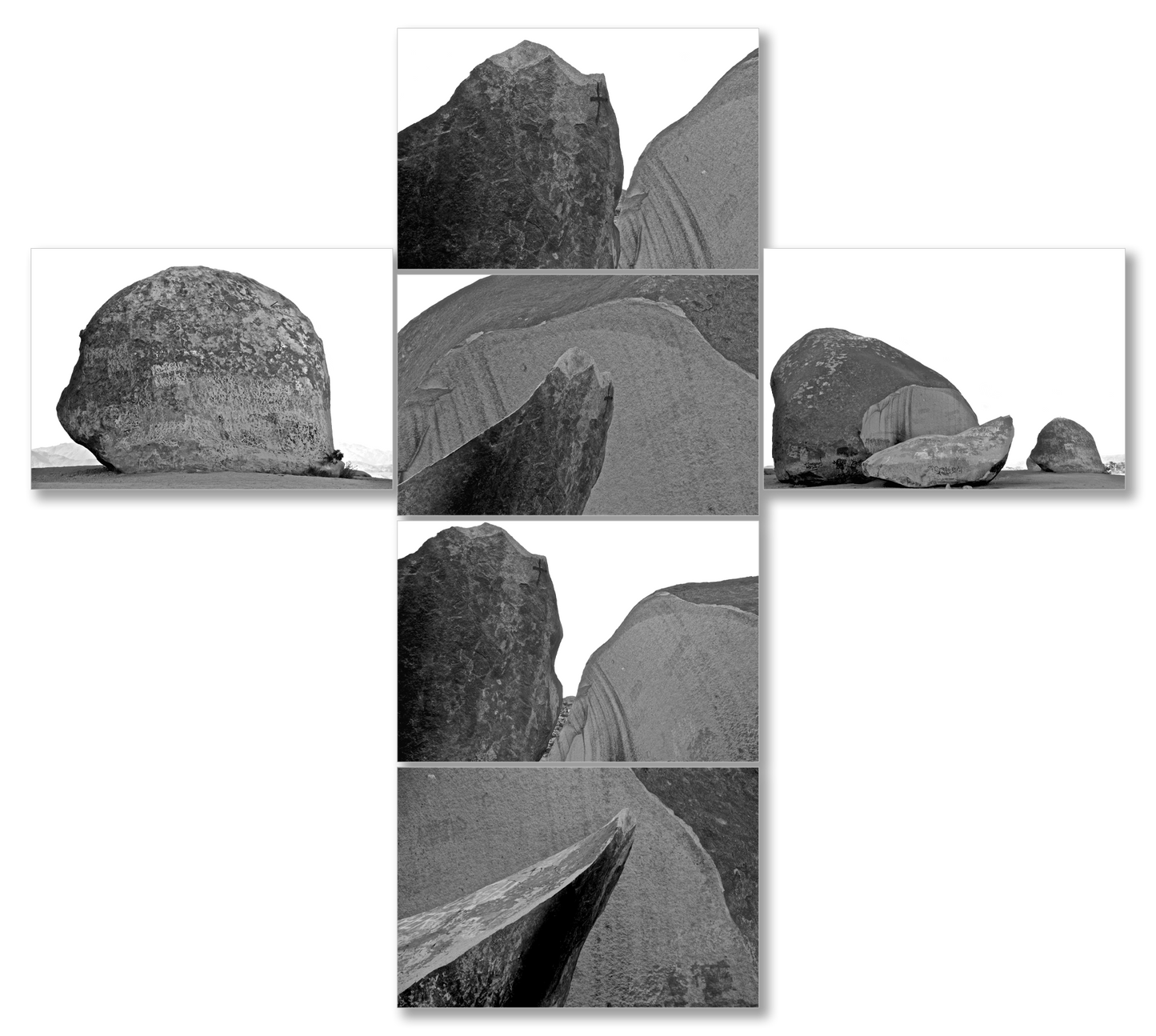 Black and white collage of rocks on a white background