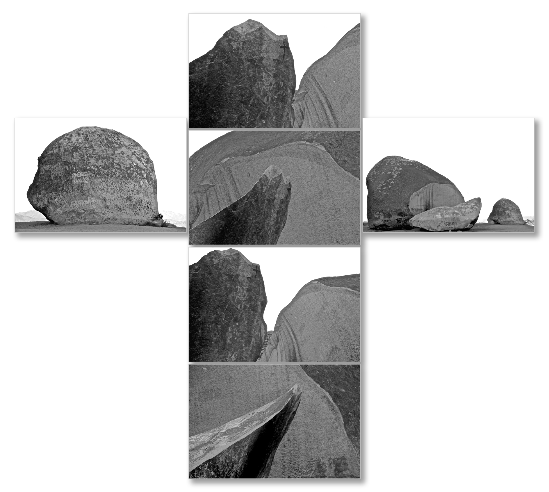 Black and white collage of rocks on a white background