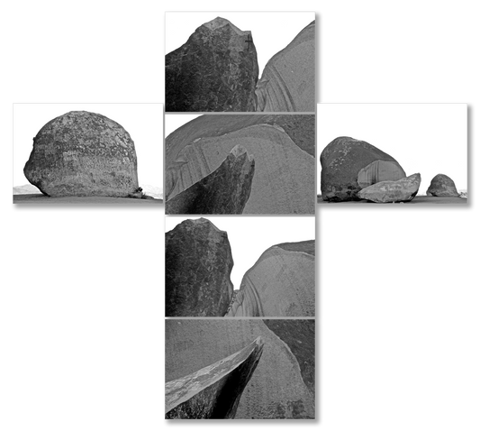 Black and white collage of rocks on a white background