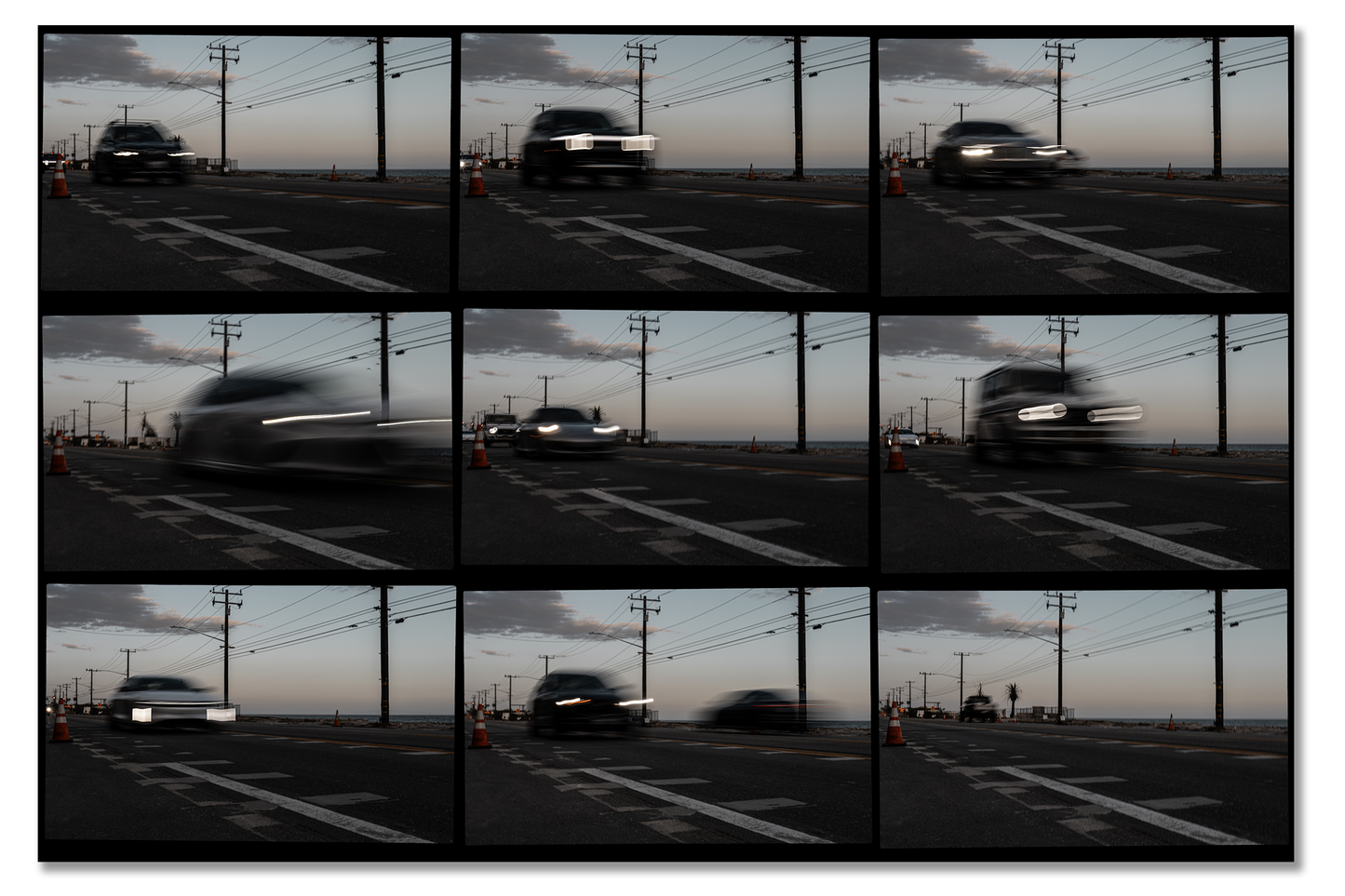 Sequence of images showing a car driving on a road with power lines and traffic lights in the background.
