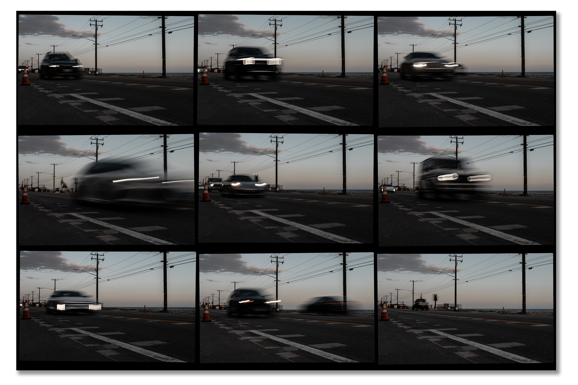Sequence of images showing a car driving on a road with power lines and traffic lights in the background.