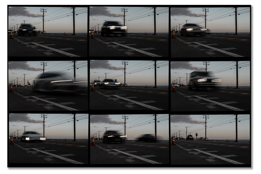 Sequence of images showing a car driving on a road with power lines and traffic lights in the background.