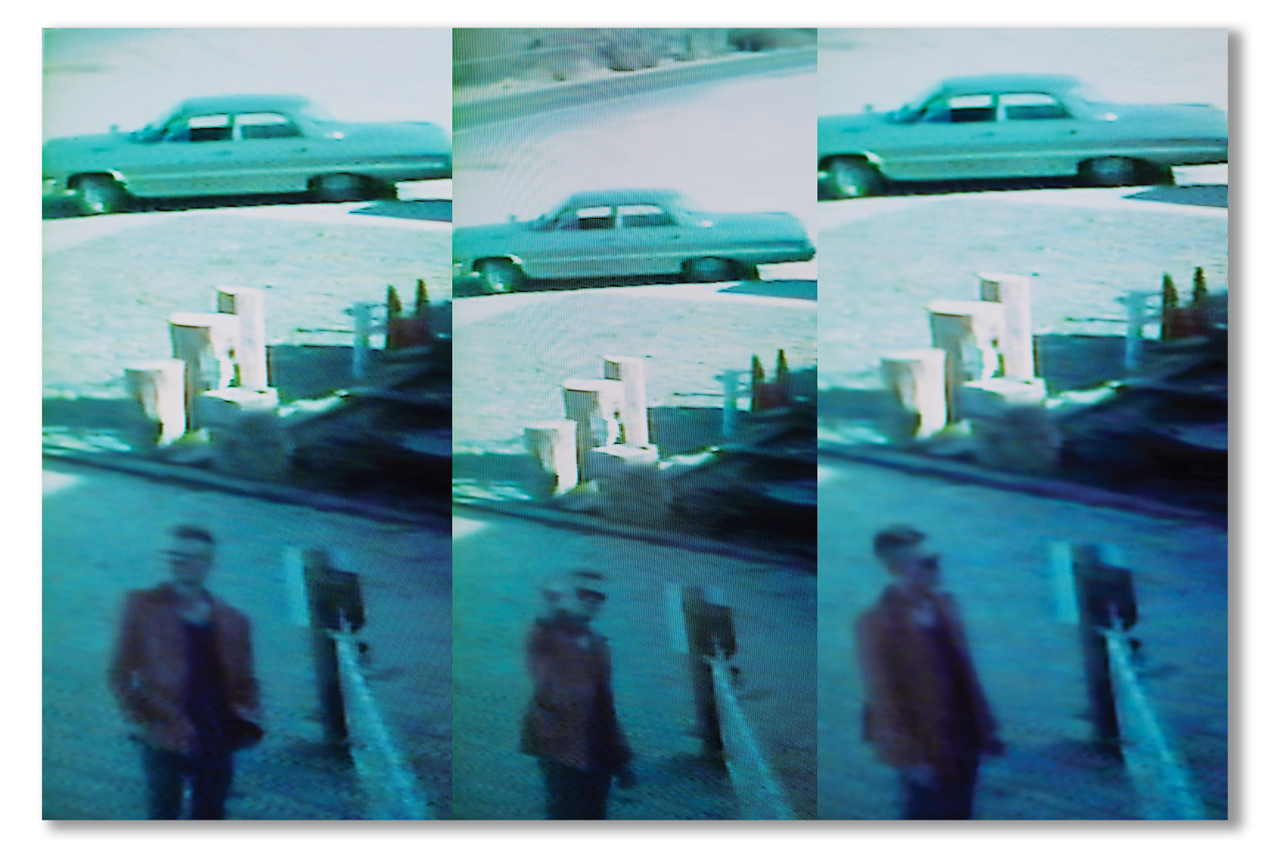 Collage of a turquoise car and a person in a red coat standing in front of a building.
