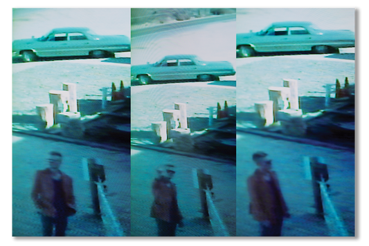Collage of a turquoise car and a person in a red coat standing in front of a building.